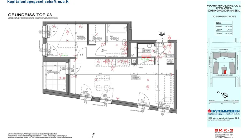 Grundriss der Wohnung Top 03 im Obergeschoss mit Wohnbereich, Schlafzimmer, Bad und Loggia.