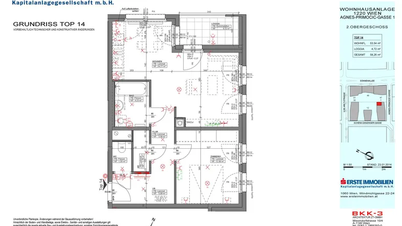 Grundriss einer Wohnung mit mehreren Zimmern, einer Loggia und separatem WC.