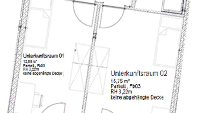 Grundrissplan einer Wohneinheit mit zwei Zimmern, Bad, Vorraum und zwei Terrassen.