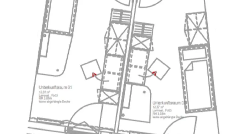 Grundrissplan zeigt die Aufteilung einer Wohneinheit mit zwei Terrassen und einem Badezimmer.