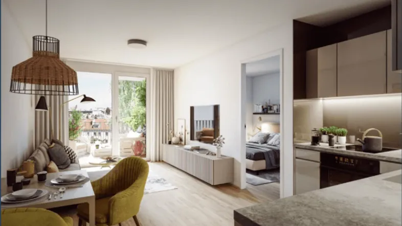 Heller offener Wohn- und Essbereich mit Zugang zum Balkon und moderner Einrichtung.