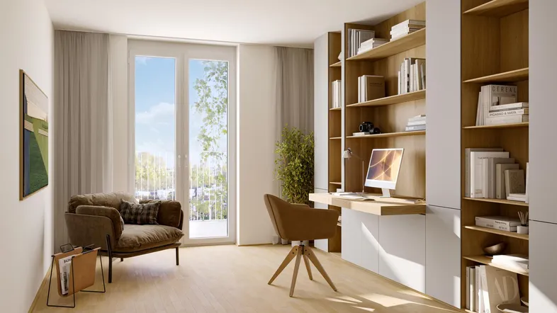 Helles Arbeitszimmer mit Holzboden, integriertem Regal und Zugang zum Balkon.