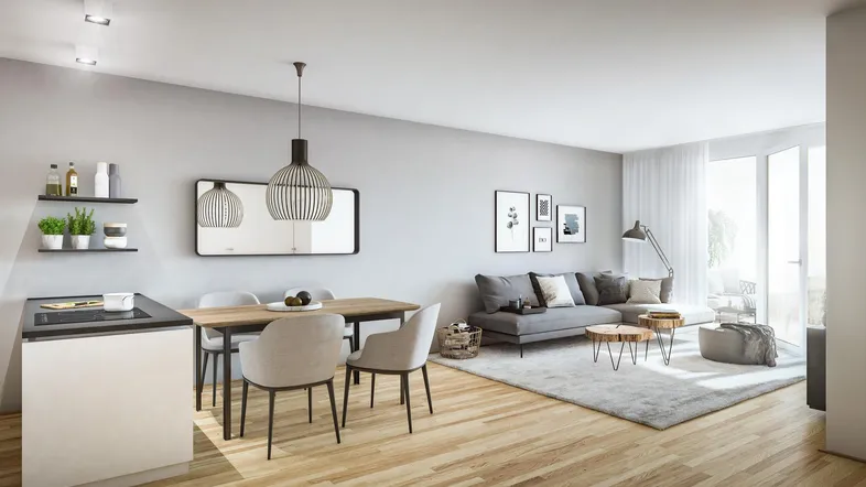 Heller, offener Wohn- und Essbereich mit moderner Einrichtung, Holzboden und Zugang zum Balkon.