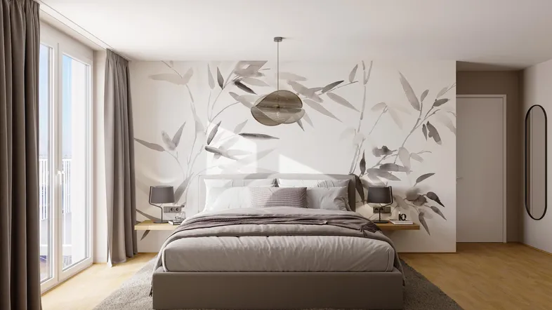 Helles Schlafzimmer mit modernem Design, floraler Wandtapete und Zugang zum Balkon.