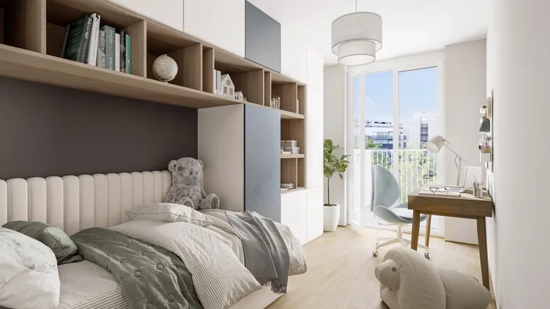 Modernes Schlafzimmer mit integrierten Regalen, Schreibtisch und Zugang zu einem Balkon.