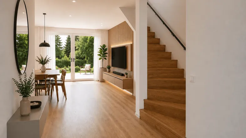 Helles Wohn- und Esszimmer mit Holzboden, Zugang zum Garten und moderner Treppe.
