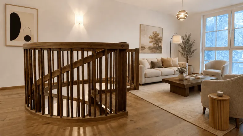 Helles Wohnzimmer mit eleganter Holzwendeltreppe, gemütlicher Sitzecke und großen Fenstern.