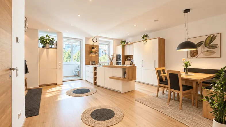 Heller, offener Wohn- und Essbereich mit moderner Küche, Holzboden und Zugang zum Balkon.
