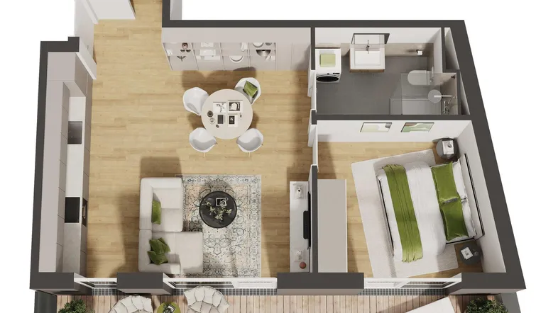 Moderner 3D-Grundriss einer Wohnung mit offenem Wohnbereich, Schlafzimmer und Balkon.