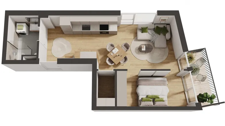 Grundriss einer modernen Wohnung mit offenem Wohnbereich, Schlafzimmer, Bad und Balkon.