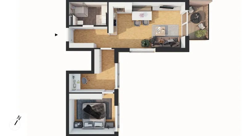 Grundriss einer modernen Wohnung mit offenem Wohnbereich, Schlafzimmer, Bad und Balkon.