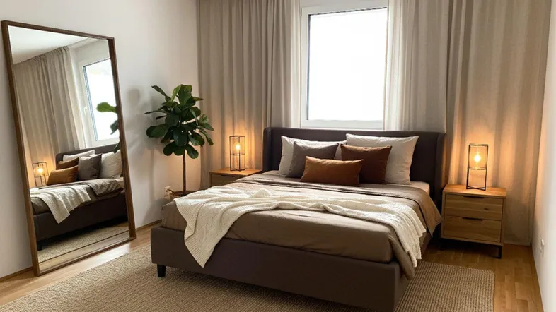 Gemütliches Schlafzimmer mit großem Bett, Nachttischen und einem hohen Spiegel.
