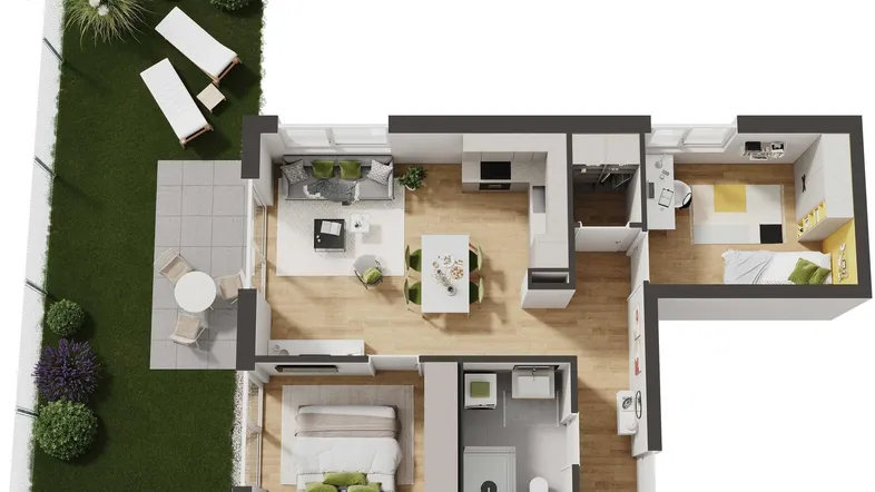 Grundriss einer modernen Wohnung mit offenem Wohnbereich, drei Schlafzimmern, Garten und Terrasse.