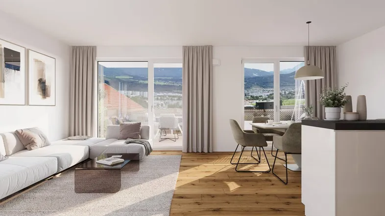 Heller Wohn-Essbereich mit Holzboden, Zugang zum Balkon und weitem Bergblick.