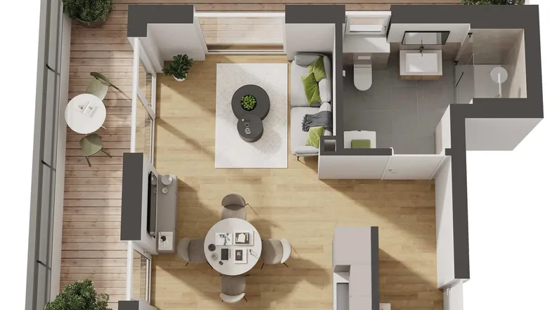 Moderner 3D-Grundriss einer Wohnung mit offenem Wohnbereich, Balkon und einem Badezimmer.