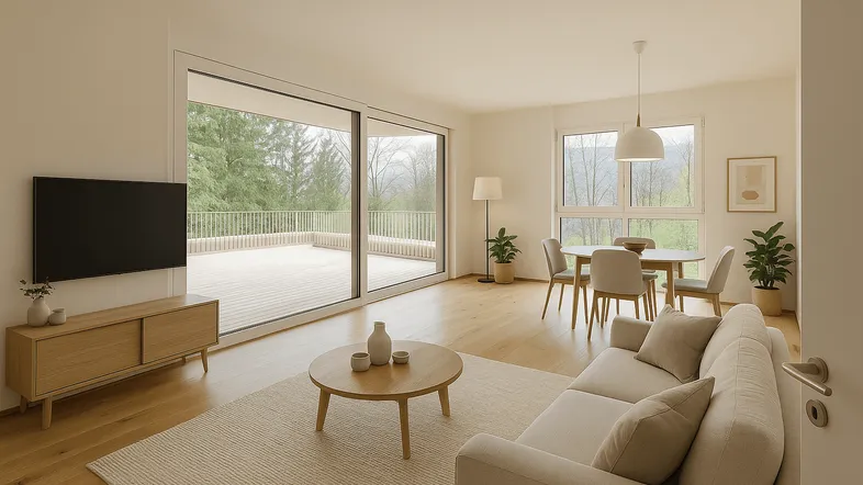 Helles Wohn- und Esszimmer mit Holzboden, großen Schiebetüren und Blick ins Grüne.