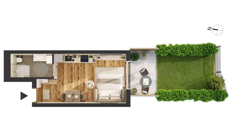Grundriss einer modernen Wohnung mit offenem Wohnbereich, Schlafzimmer, Bad und privatem Garten.