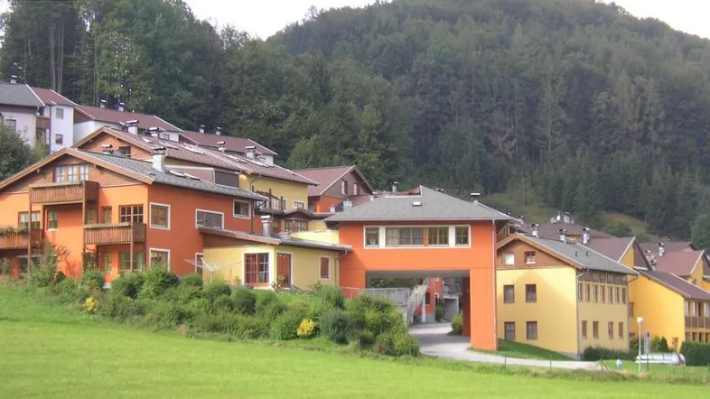 Mehrere Wohnhäuser in einer grünen Hügellandschaft mit Wald im Hintergrund, die eine ruhige Wohnlage bieten.