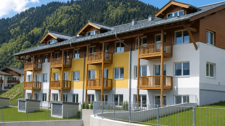 Modernes Mehrfamilienhaus mit Holzbalkonen und Bergblick vor grüner Bergkulisse.