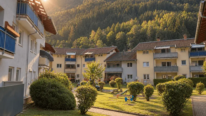 Mehrere Wohngebäude mit gepflegter Grünanlage, Spielplatz und Bergblick bei Sonnenuntergang.