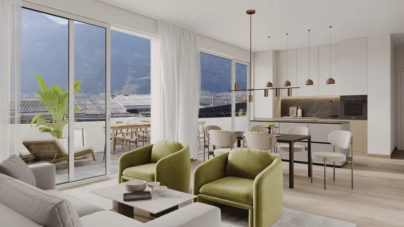 Modernes, offenes Wohnzimmer mit integrierter Küche, Essbereich und Zugang zur Terrasse mit Bergblick.