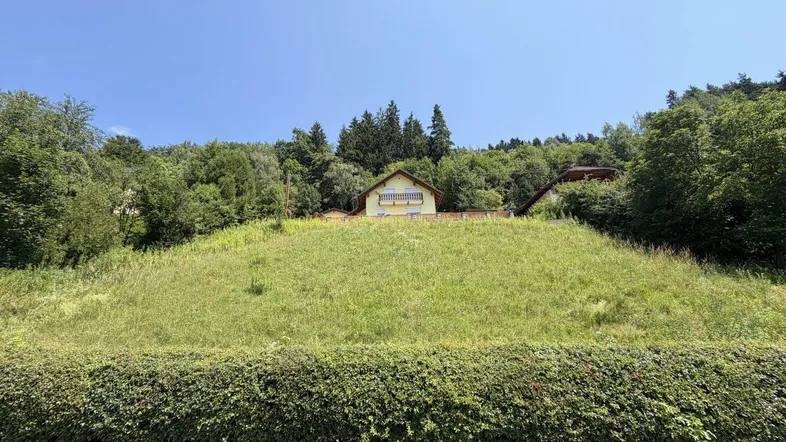 Haus auf einem grünen Hügel mit Wald im Hintergrund unter blauem Himmel.