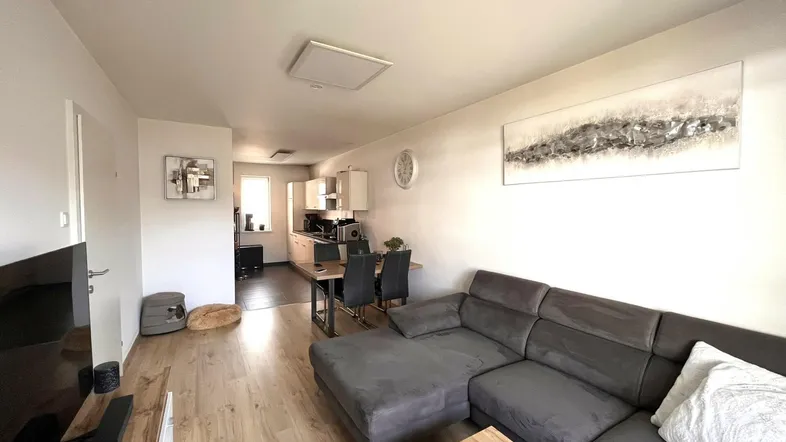 Heller offener Wohn- und Essbereich mit modernem Sofa, Holzboden und Blick in die Küche.