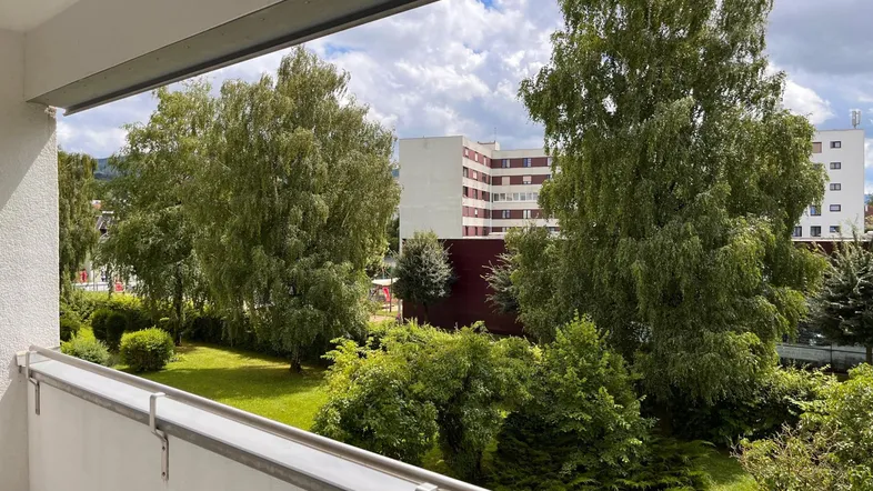 Blick vom Balkon auf grüne Bäume und die umliegende Wohnbebauung unter bewölktem Himmel.