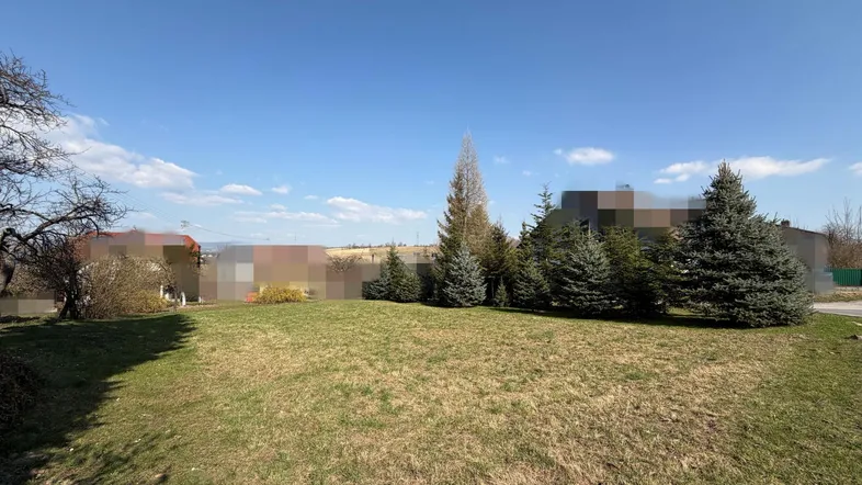 Weitläufige Rasenfläche mit Bäumen unter blauem Himmel, ideal für einen Garten.