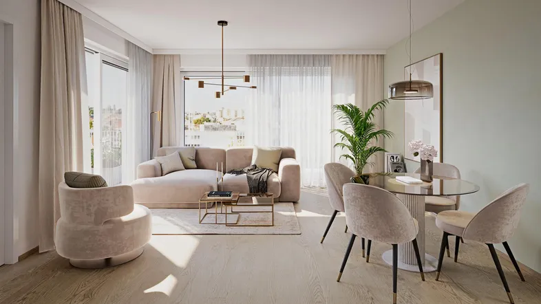 Helles Wohn- und Esszimmer mit modernem Sofa, Esstisch und Blick ins Grüne.