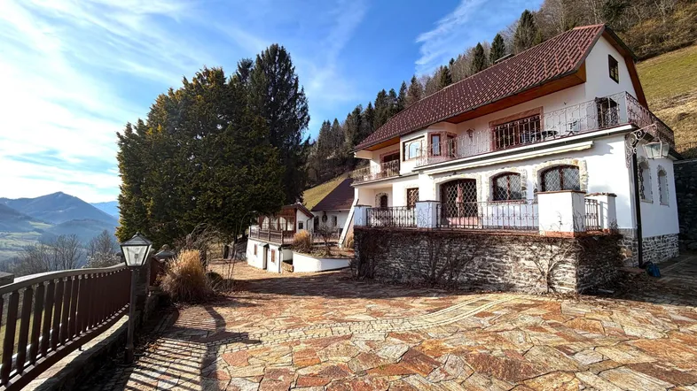 Großzügiger Vorplatz mit Natursteinpflaster vor einem traditionellen Haus mit Bergblick.