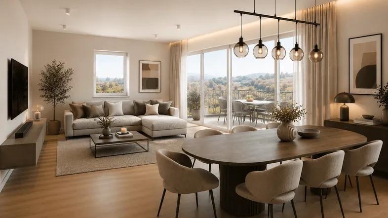 Heller, offener Wohn-Essbereich mit modernem Design, Holzboden und Zugang zu einem Balkon mit Weitblick.