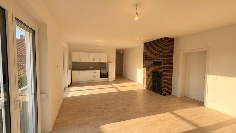 Helles, offenes Wohnzimmer mit integrierter Küche, Parkettboden und Kamin.