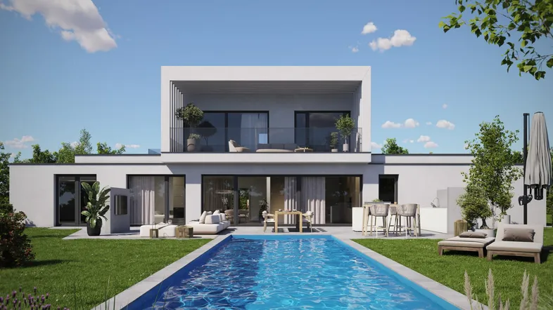 Moderne Villa mit großem Pool, gepflegtem Garten und mehreren Terrassenbereichen für Entspannung und Unterhaltung.