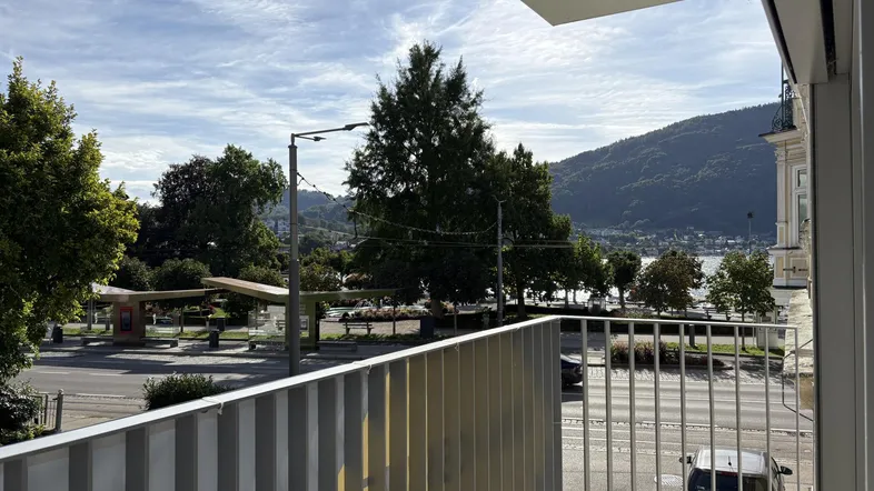 Blick vom Balkon auf die Straße, Bäume und einen See mit Bergen im Hintergrund.