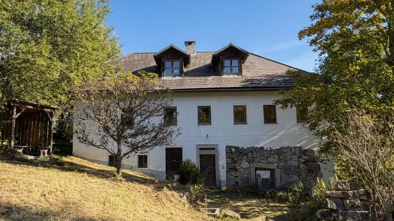 Traditionelles Landhaus mit weißer Fassade und Dachgauben, umgeben von Bäumen in ländlicher Umgebung.
