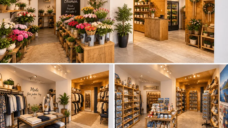 Kollage zeigt verschiedene Einzelhandelsbereiche wie Blumenladen, Modeboutique und Souvenirgeschäft.