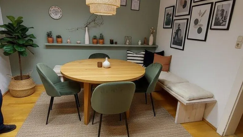 Gemütlicher Essbereich mit Holztisch, grüner Akzentwand und moderner Hängelampe.