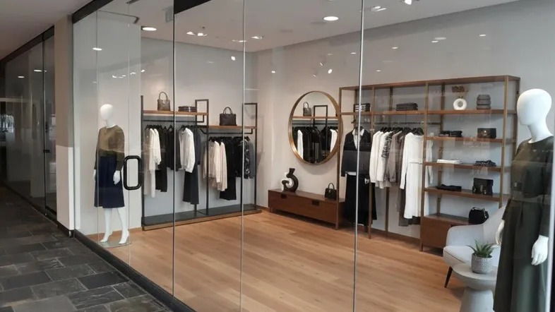 Modernes Ladengeschäft mit großen Glasfronten, Holzboden und stilvoller Einrichtung für den Einzelhandel.