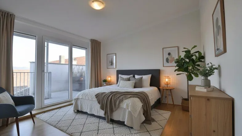 Helles Schlafzimmer mit Holzboden, Zugang zu einer Terrasse und moderner Einrichtung.