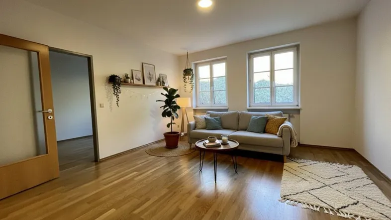Helles Wohnzimmer mit Holzparkettboden, zwei Fenstern und einer gemütlichen Sitzecke.
