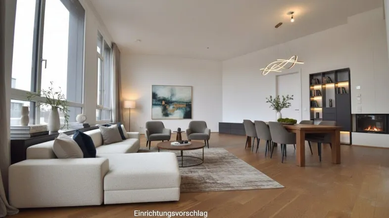 Geräumiger, lichtdurchfluteter Wohn-Essbereich mit modernem Kamin, Holzboden und großen Fenstern.