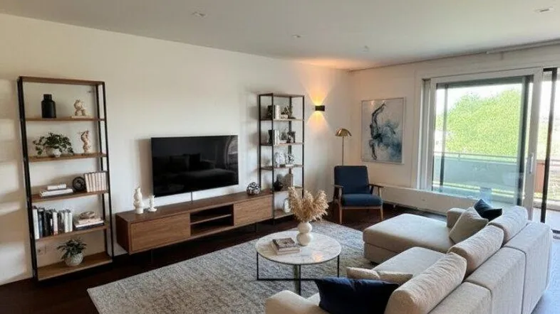 Helles Wohnzimmer mit modernem Sofa, Teppich und Zugang zum Balkon mit Grünblick.