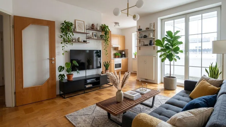Heller, offener Wohnbereich mit Fischgrätparkett, moderner Einrichtung, vielen Pflanzen und integrierter Küche, mit Zugang zum Balkon.