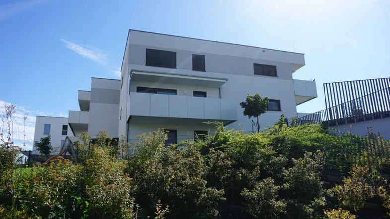 Modernes Mehrfamilienhaus mit weißer Fassade und Balkonen, umgeben von grüner Bepflanzung unter blauem Himmel.