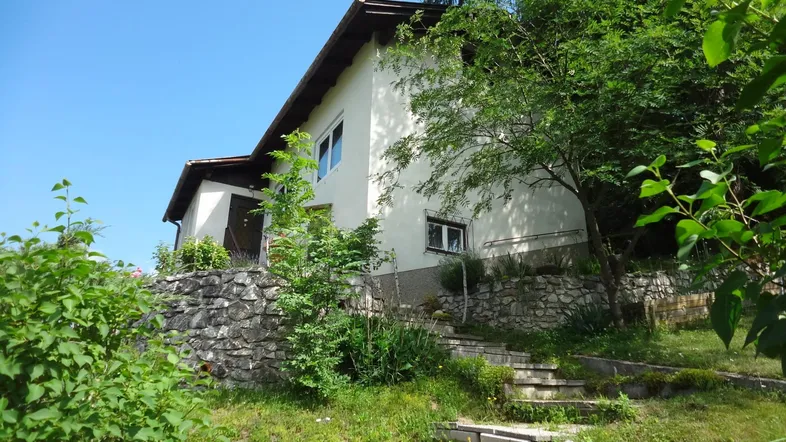 Seitenansicht des Hauses mit Steinfundament und üppiger Vegetation auf dem Hang.