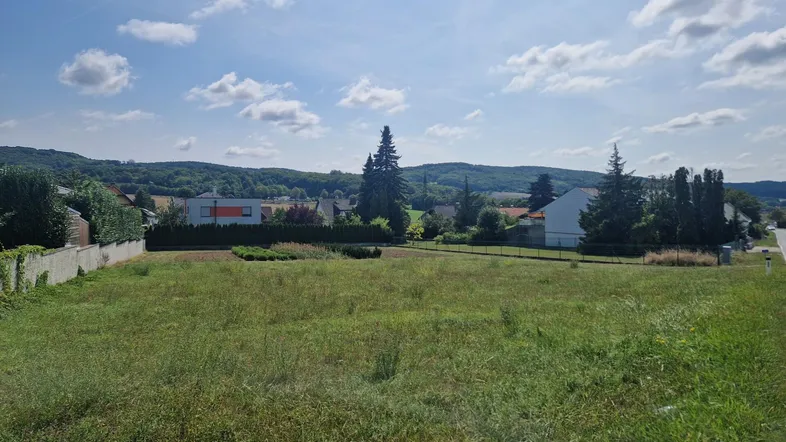 Weitläufiges grünes Grundstück mit Blick auf umliegende Häuser und bewaldete Hügel unter blauem Himmel.