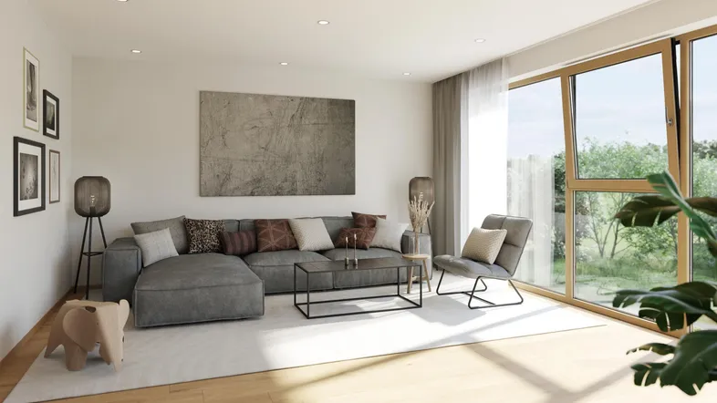 Helles, modernes Wohnzimmer mit großem Ecksofa, Holzboden und Zugang zum Garten.