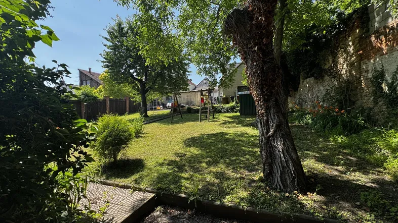Grüner Gartenbereich mit Rasenfläche, Bäumen und einem kleinen Spielplatz im Hintergrund.