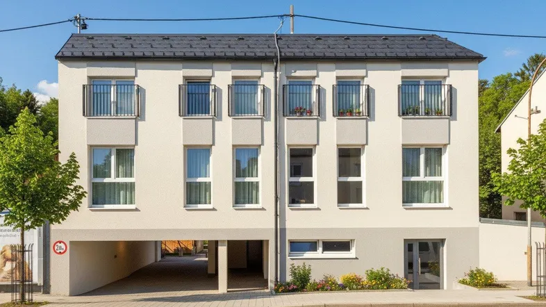 Modernes Mehrfamilienhaus mit mehreren Etagen, Balkonen und einem überdachten Eingangsbereich.
